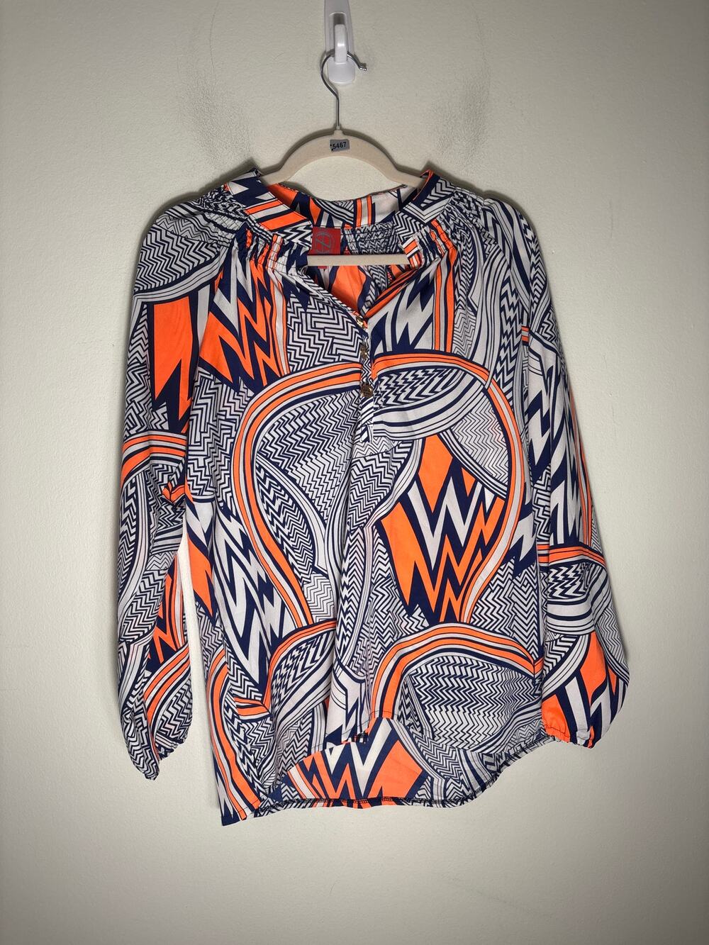 Tracy Negoshian Navy Orange Long Sleeve Shirt Sz M